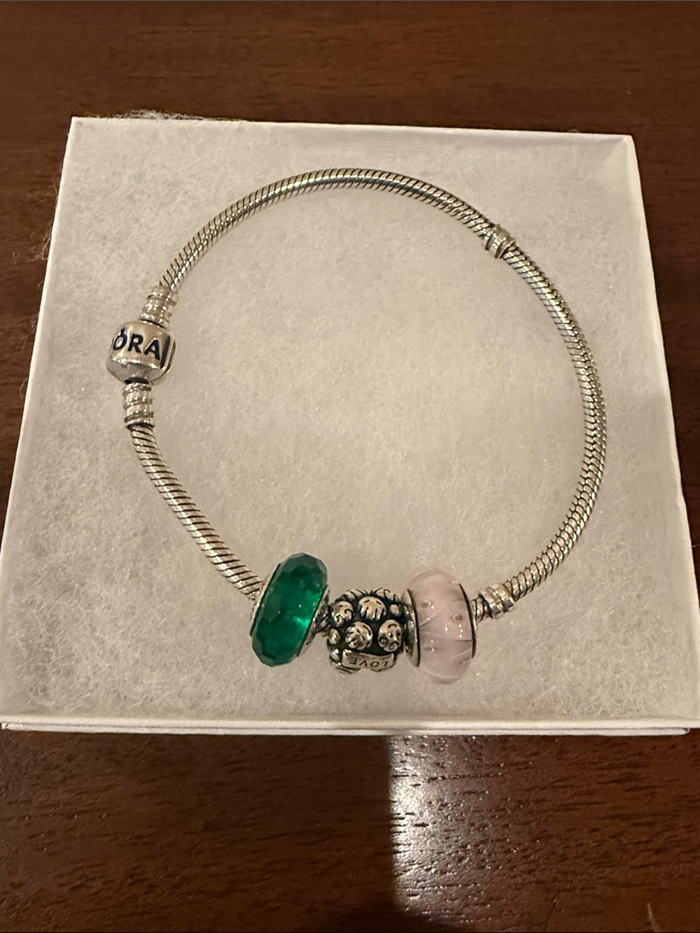 Pandora Silver Bracelet with Green and Pink Glass Charms